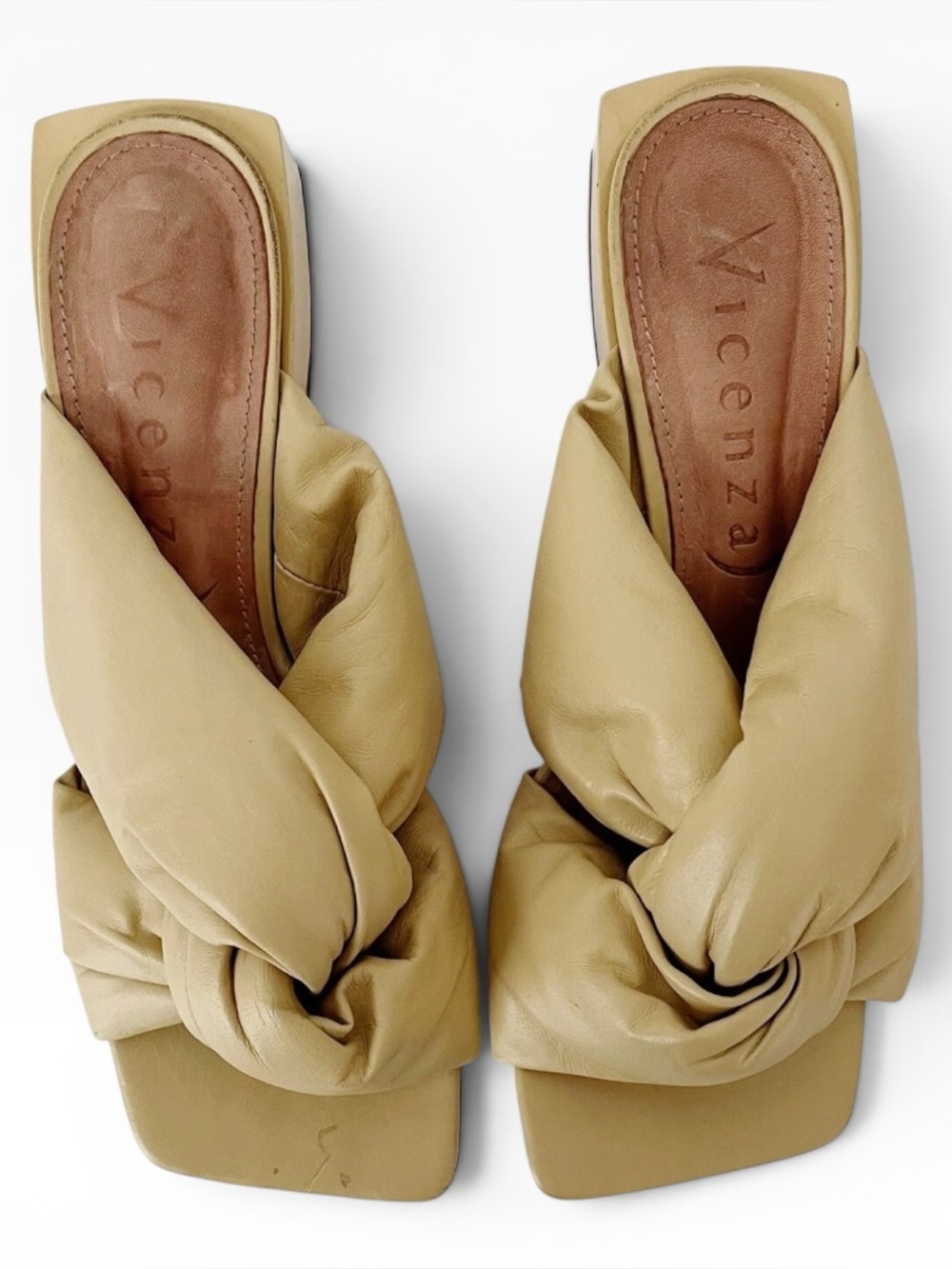 Vicenza Free People Mules Sz 7 Nude Twist Puffy Square Toe Leather Heels Sandals